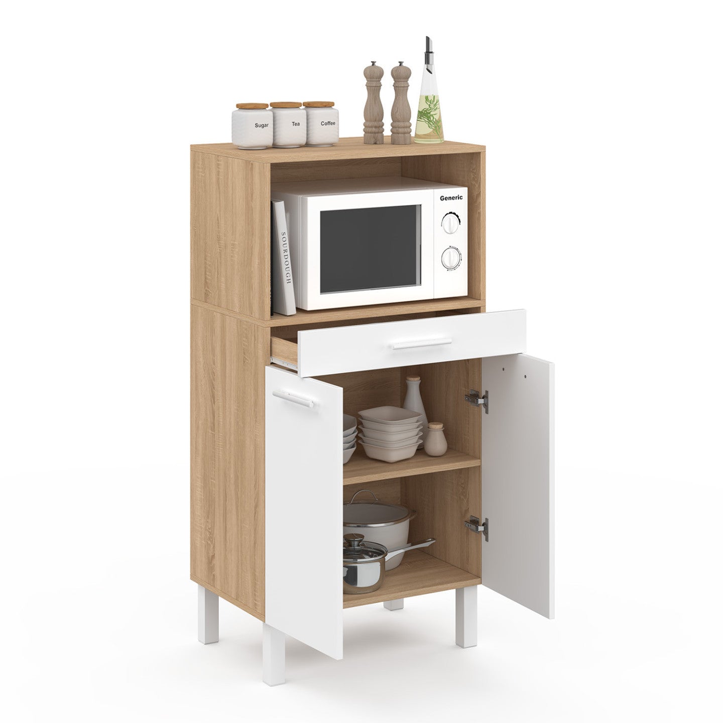 IDMarket - CINA 60 cm midway high cassettiera da cucina per microonde 1 cassetto 2 ante finitura faggio e bianco