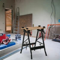 Banco da Lavoro Pieghevole con 4 Morse, Riga e Goniometro, Portata 150 kg, Nero e Legno