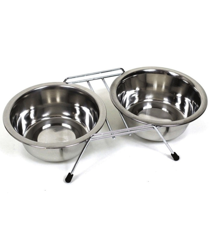 Ciotola Doppia Per Cani 16 Cm Con Supporto Cibo Acqua Crocchette Acciaio         