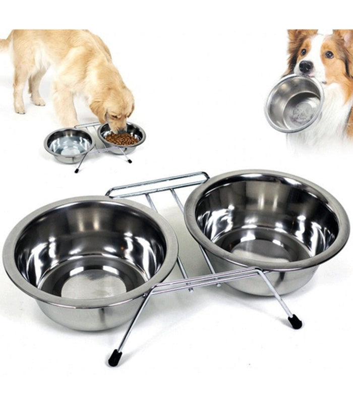 Ciotola Doppia Per Cani 16 Cm Con Supporto Cibo Acqua Crocchette Acciaio         