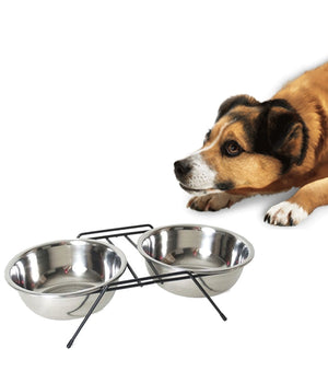 Ciotola Doppia Rialzata Per Cani 2 Per 14cm Con Supporto Cibo Acqua In Metallo         