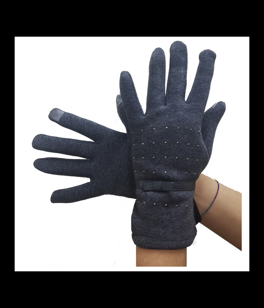 Guanti Tessuto Cotone Donna Grigio Fiocco Glitter Taglia 8 Gloves Fodera         