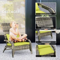 Sedia da Giardino Adironrack con Braccioli e Cuscini, Sedia in Rattan e Acciaio per Interni ed Esterni, 64x80x90 cm, Verde