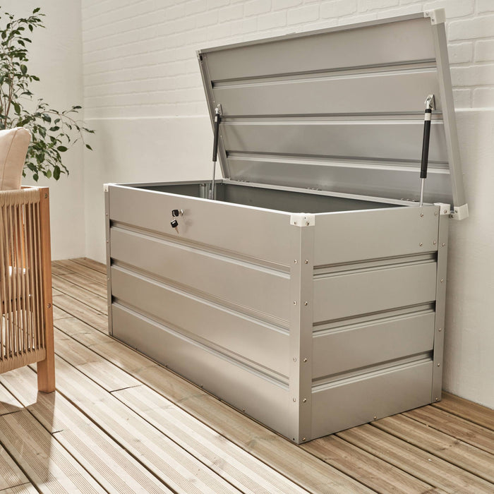 Baule da giardino in metallo, 385l, grigio alluminio