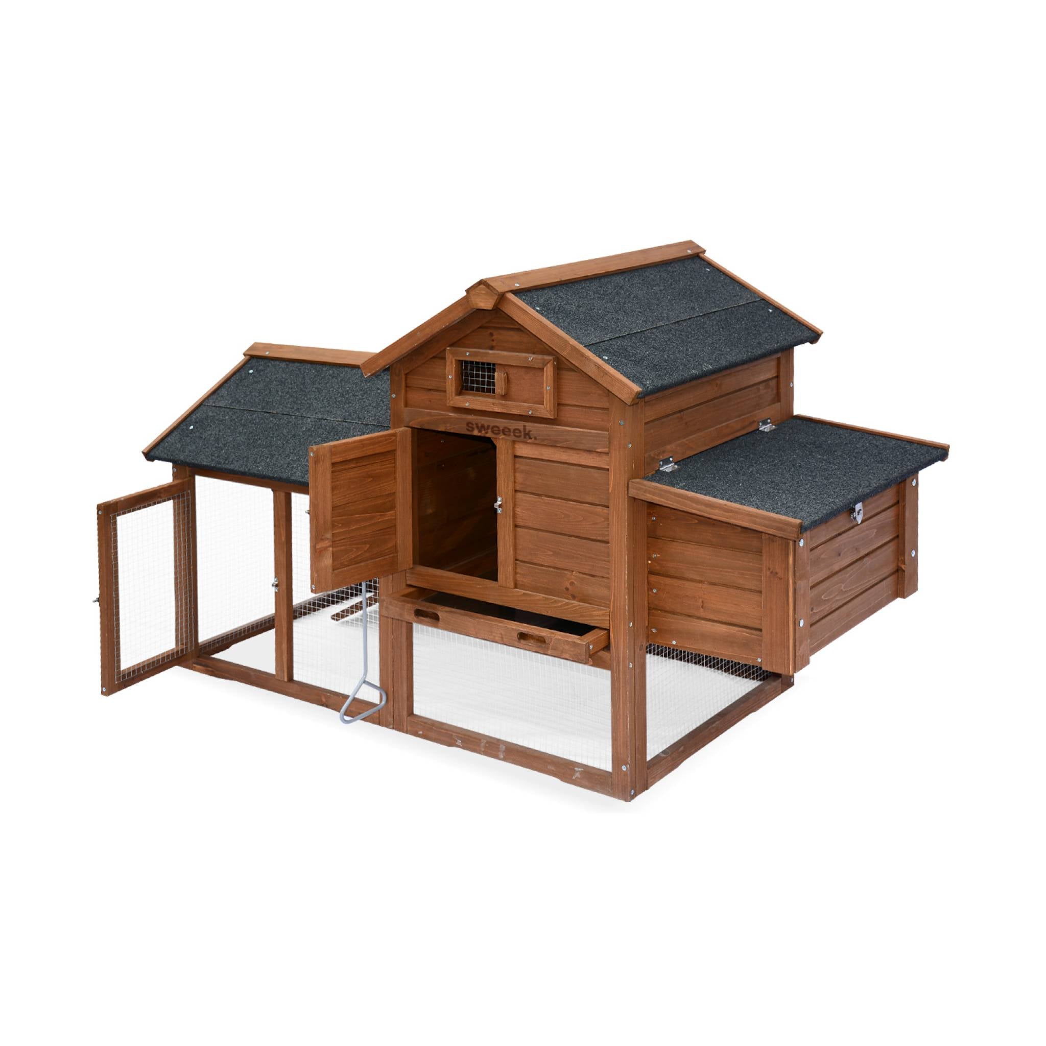 Pollaio in legno con recinto per 3 galline, marrone naturale