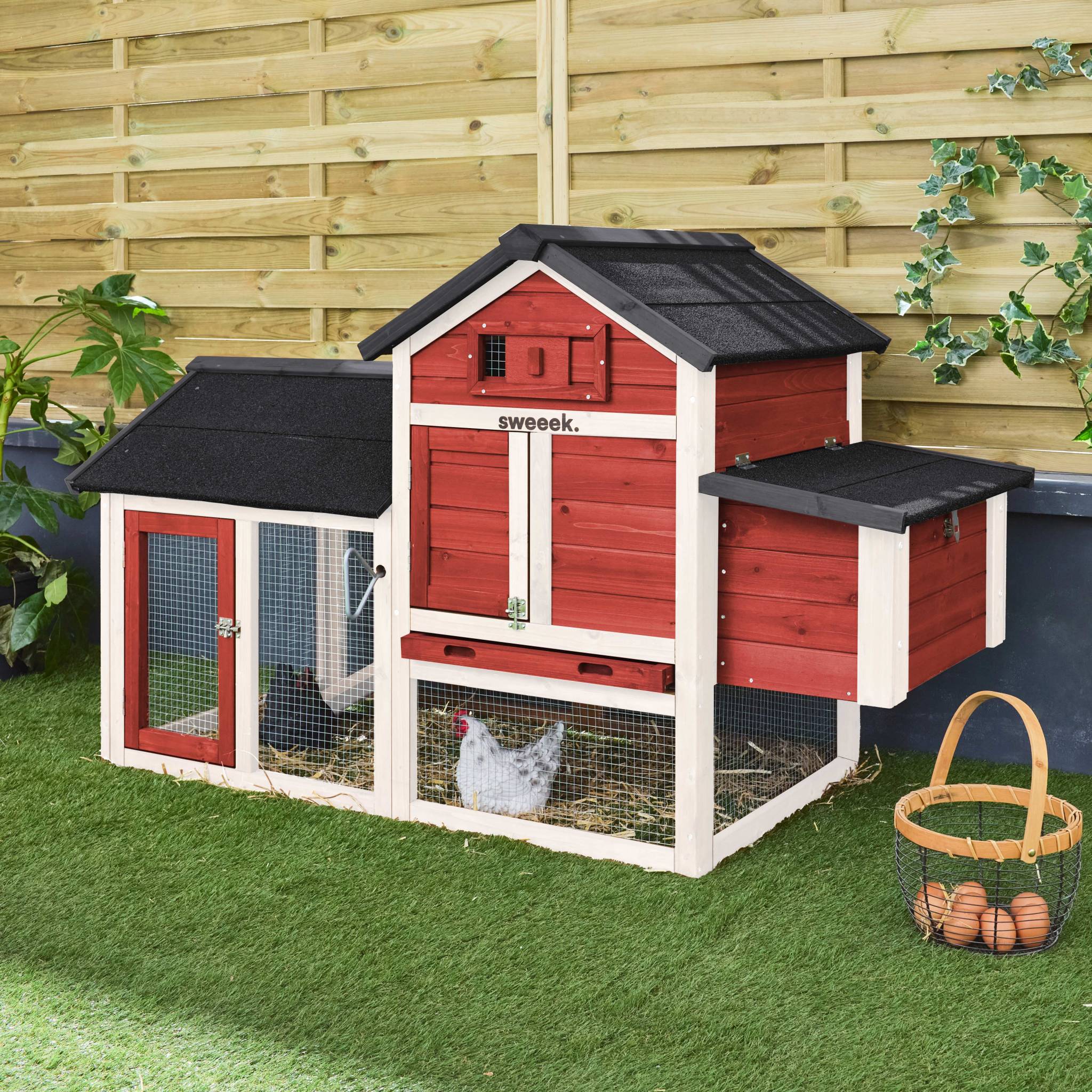 Pollaio in legno con recinto per 3 galline, rosso
