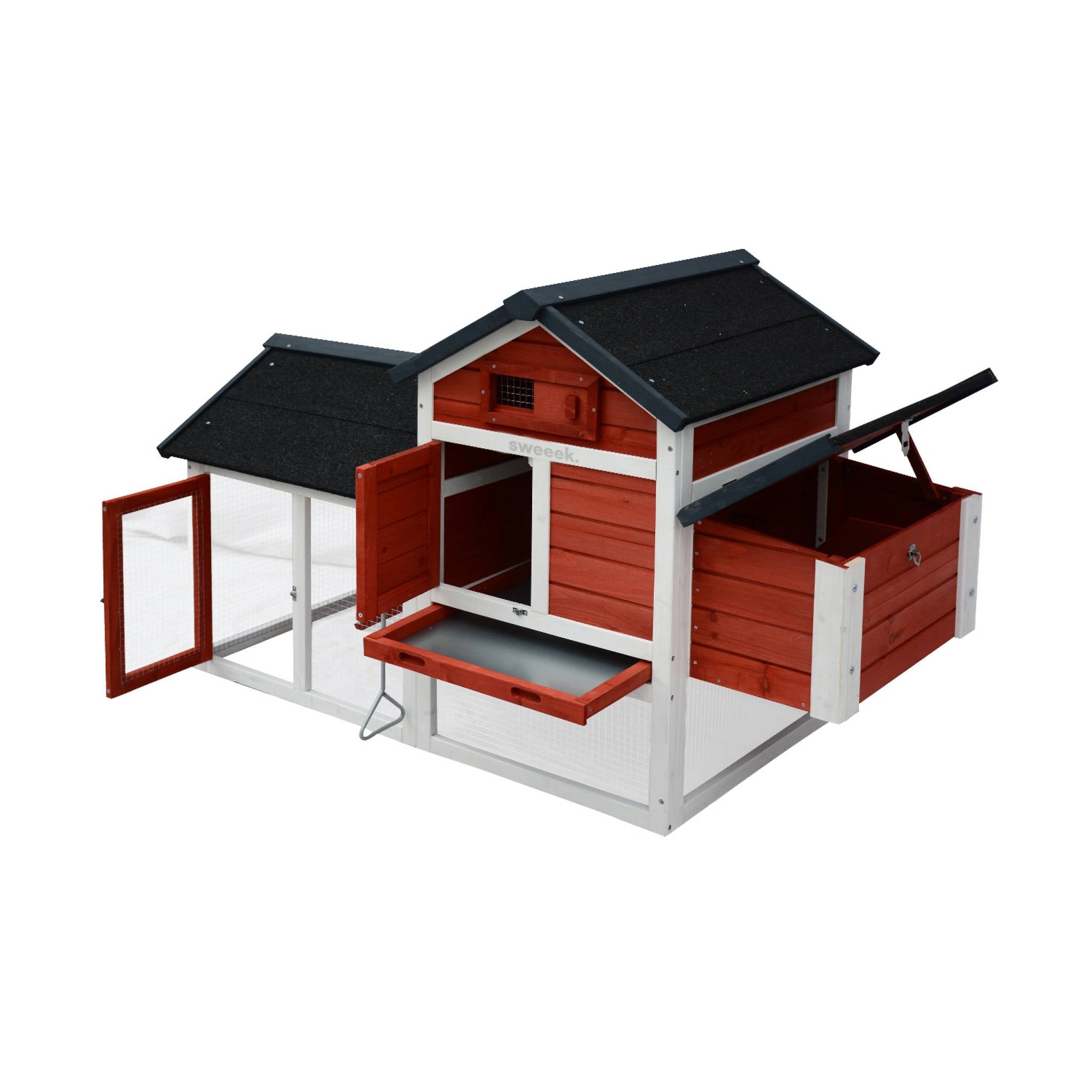 Pollaio in legno con recinto per 3 galline, rosso