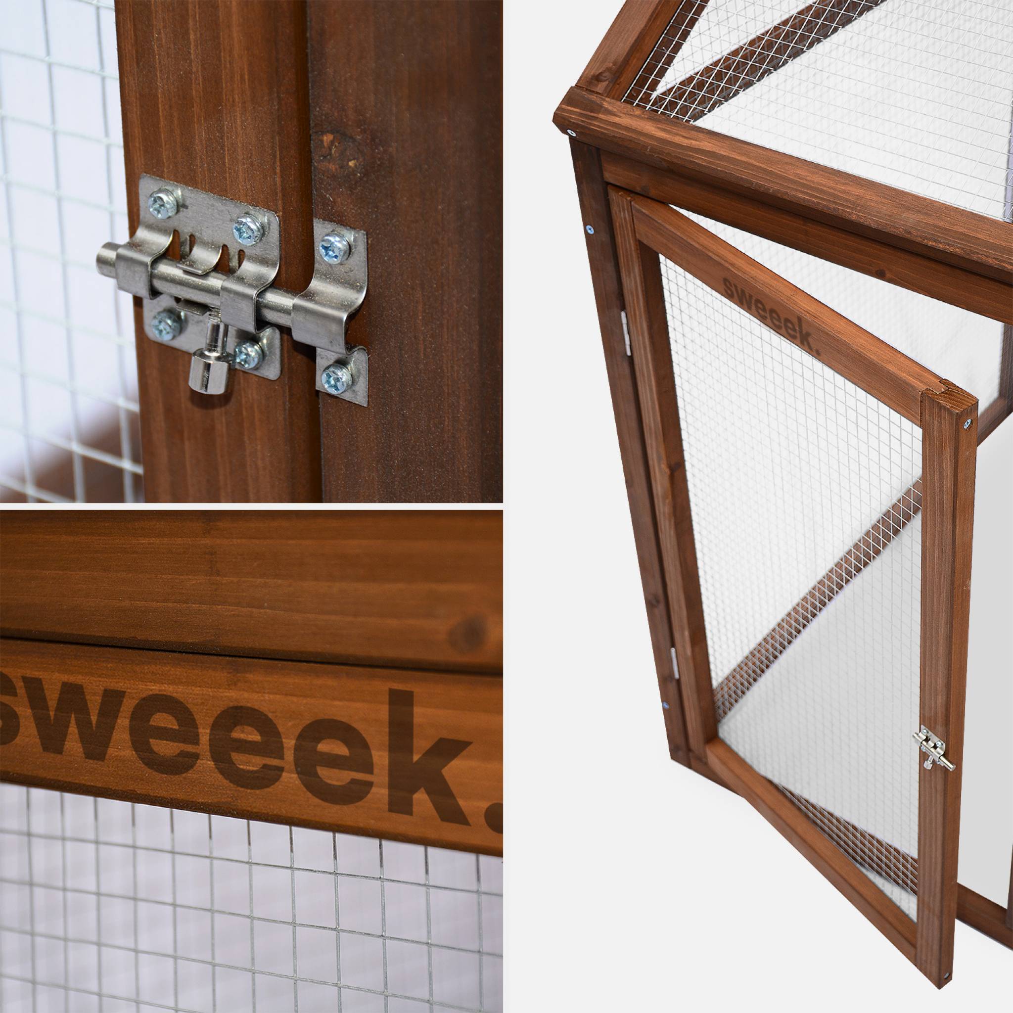 Pollaio recinto in legno con rete in alluminio per 6 galline, marrone