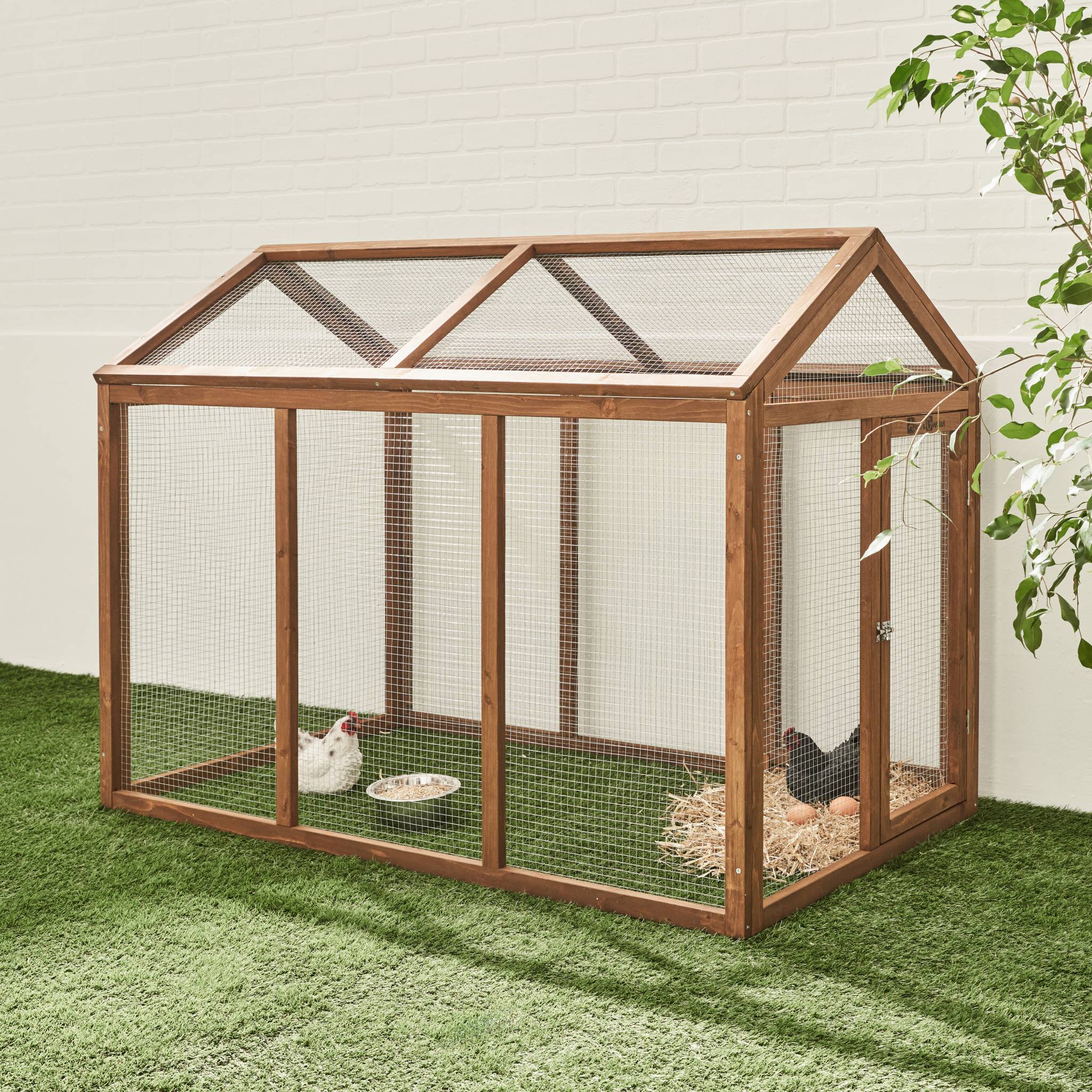 Pollaio recinto in legno con rete in alluminio per 6 galline, marrone