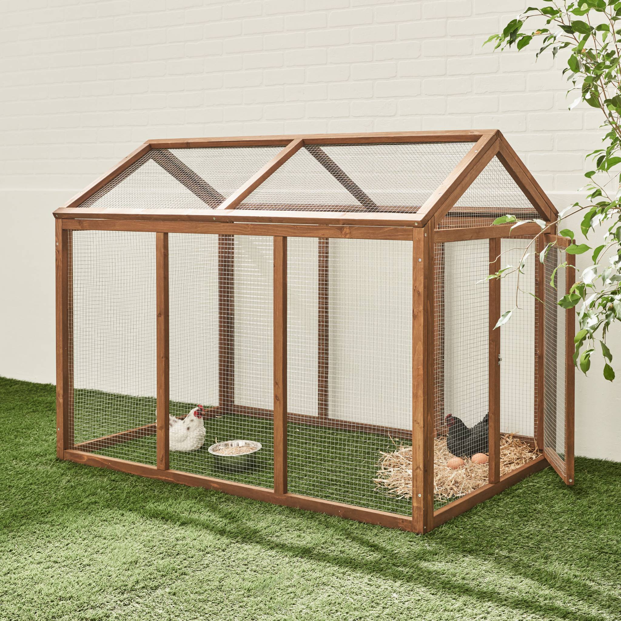 Pollaio recinto in legno con rete in alluminio per 6 galline, marrone