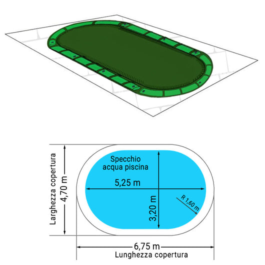 Copertura 6,75 X 4,70 M Invernale Standard 240 Gr/m² Con Bretelle E 23 Salamotti Per Piscina Olivia 5,25 X 3,20 M