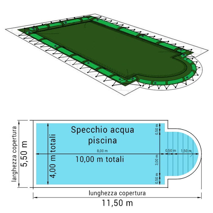 Copertura 11,50 X 5,50 M Invernale Standard Combi 240 Gr/m² Con Occhielli E Salsicciotti Per Piscine Rettangolari Con Scala Romana 10,00 X 4,00 M