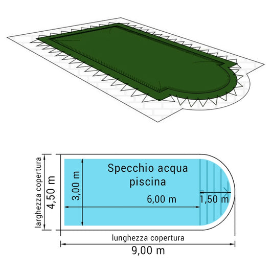 Copertura 9,00 X 4,50 M Invernale Standard 240 Gr/m² Occhielli E Corda Elastica Per Piscine Rettangolari Con Scala Romana 7,50 X 3,00 M