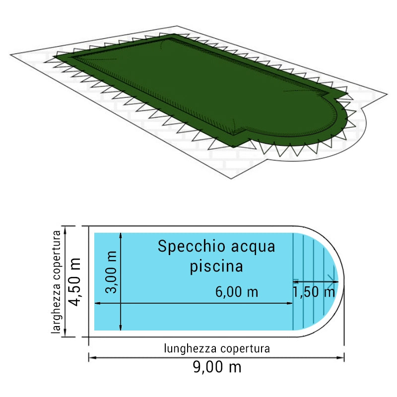 Copertura 9,00 X 4,50 M Invernale Standard 240 Gr/m² Occhielli E Corda Elastica Per Piscine Rettangolari Con Scala Romana 7,50 X 3,00 M