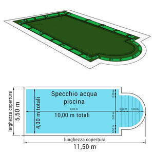 Copertura 11,50 X 5,50 M Invernale Standard 240 Gr/m² Con Bretelle E Salamotti Per Piscine Rettangolari Con Scala Romana 10,00 X 4,00 M