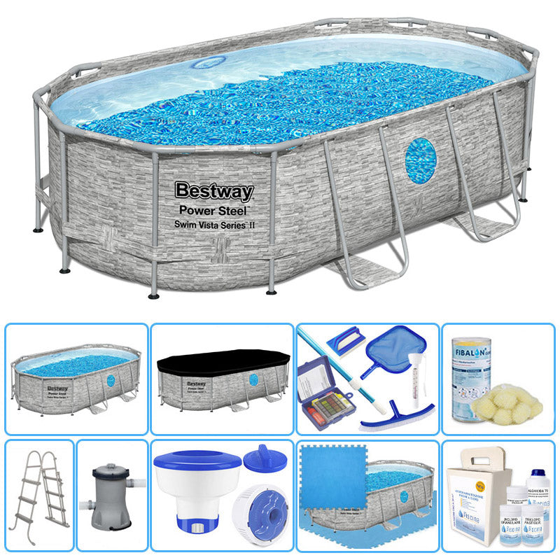 Piscina Fuori Terra Ovale Bestway Power Steel 4,27 X 2,50 X H 1,00 M Con Oblò - Kit Pro