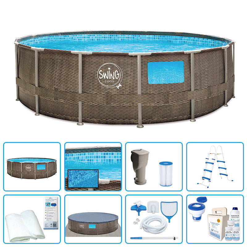 Piscina Fuori Terra Swing Metal Frame Wicker Design Con Finestra  4,57 X H 1,22 M - Kit Pro Con Skimmer Plus