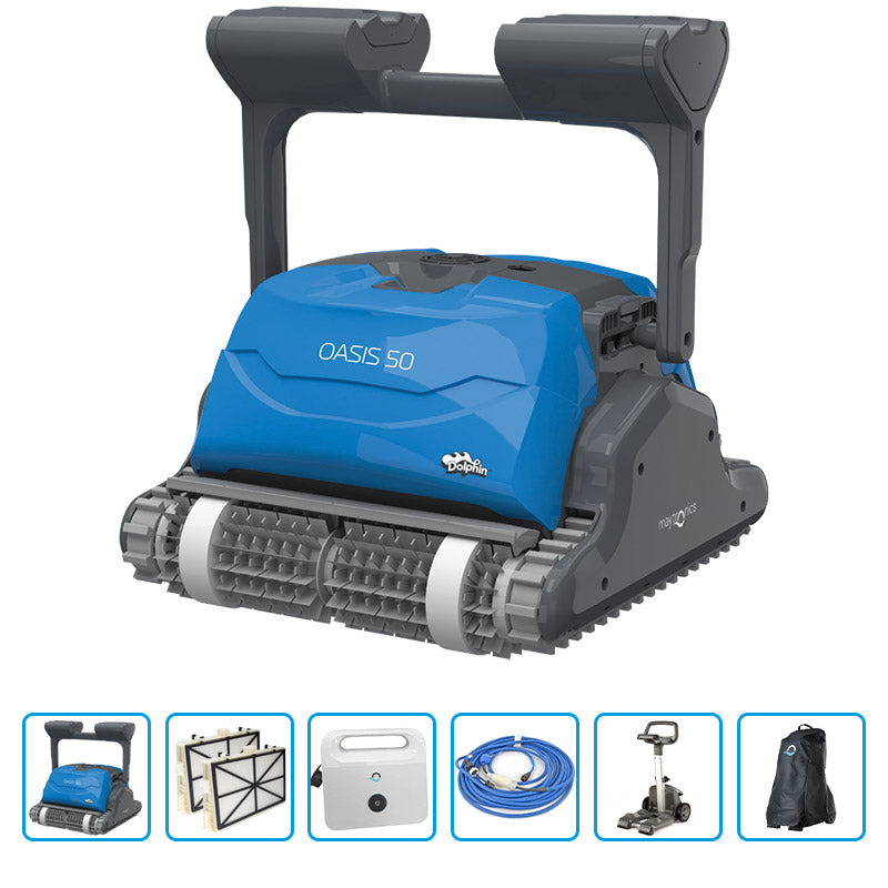 Robot Piscina Dolphin Oasis 50 Premium Con Spazzole Combinate, Carrello E Copertura Protettiva