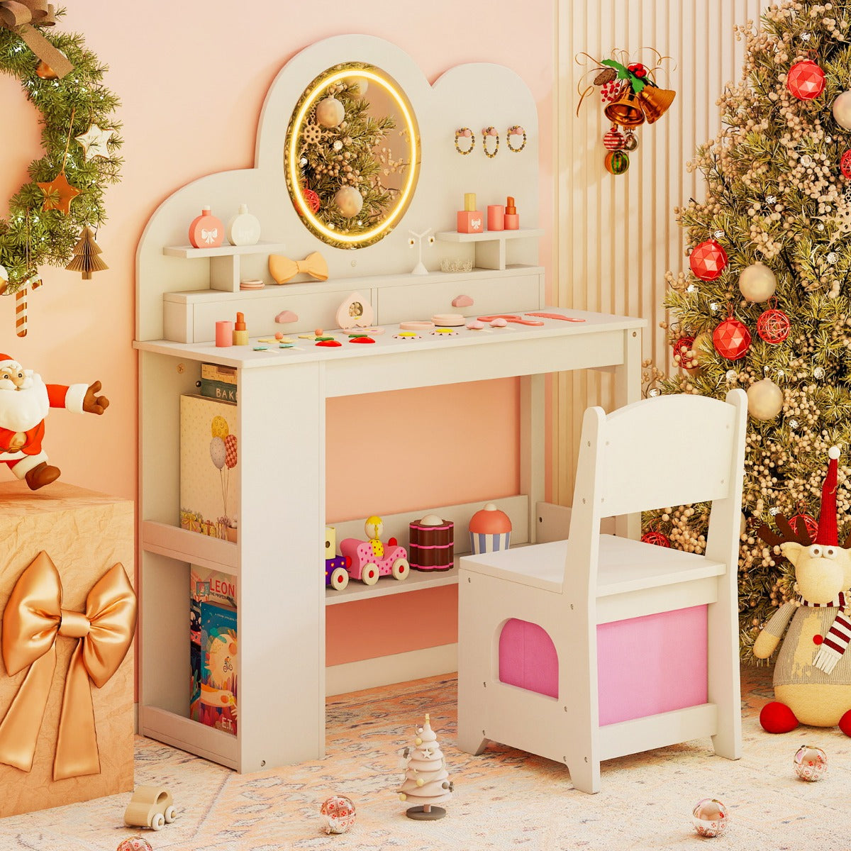 Set tavolo da trucco principessa e sedia con 2 cassetti e libreria a 2 ripiani-Toeletta per bambini con luci Bianco