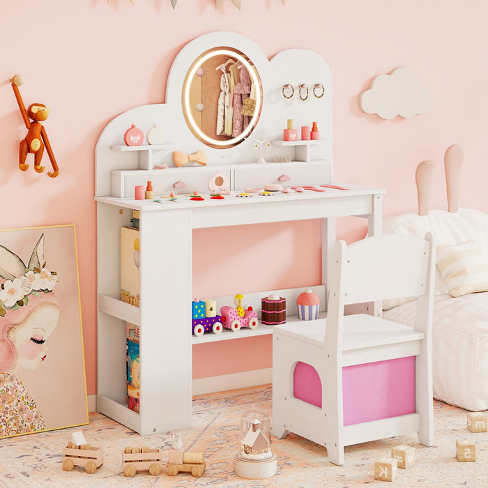 Set tavolo da trucco principessa e sedia con 2 cassetti e libreria a 2 ripiani-Toeletta per bambini con luci Bianco