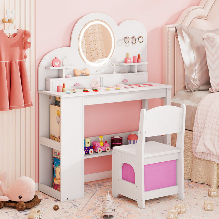 Set tavolo da trucco principessa e sedia con 2 cassetti e libreria a 2 ripiani-Toeletta per bambini con luci Bianco