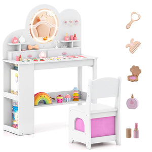 Set tavolo da trucco principessa e sedia con 2 cassetti e libreria a 2 ripiani-Toeletta per bambini con luci Bianco