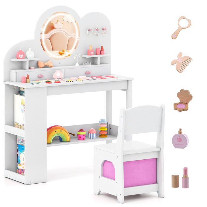 Set tavolo da trucco principessa e sedia con 2 cassetti e libreria a 2 ripiani-Toeletta per bambini con luci Bianco
