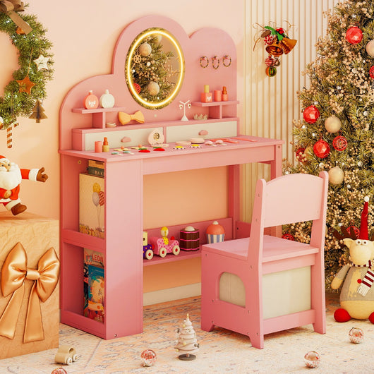 Set tavolo da trucco principessa e sedia con 2 cassetti e libreria a 2 ripiani-Toeletta per bambini con luci Rosa
