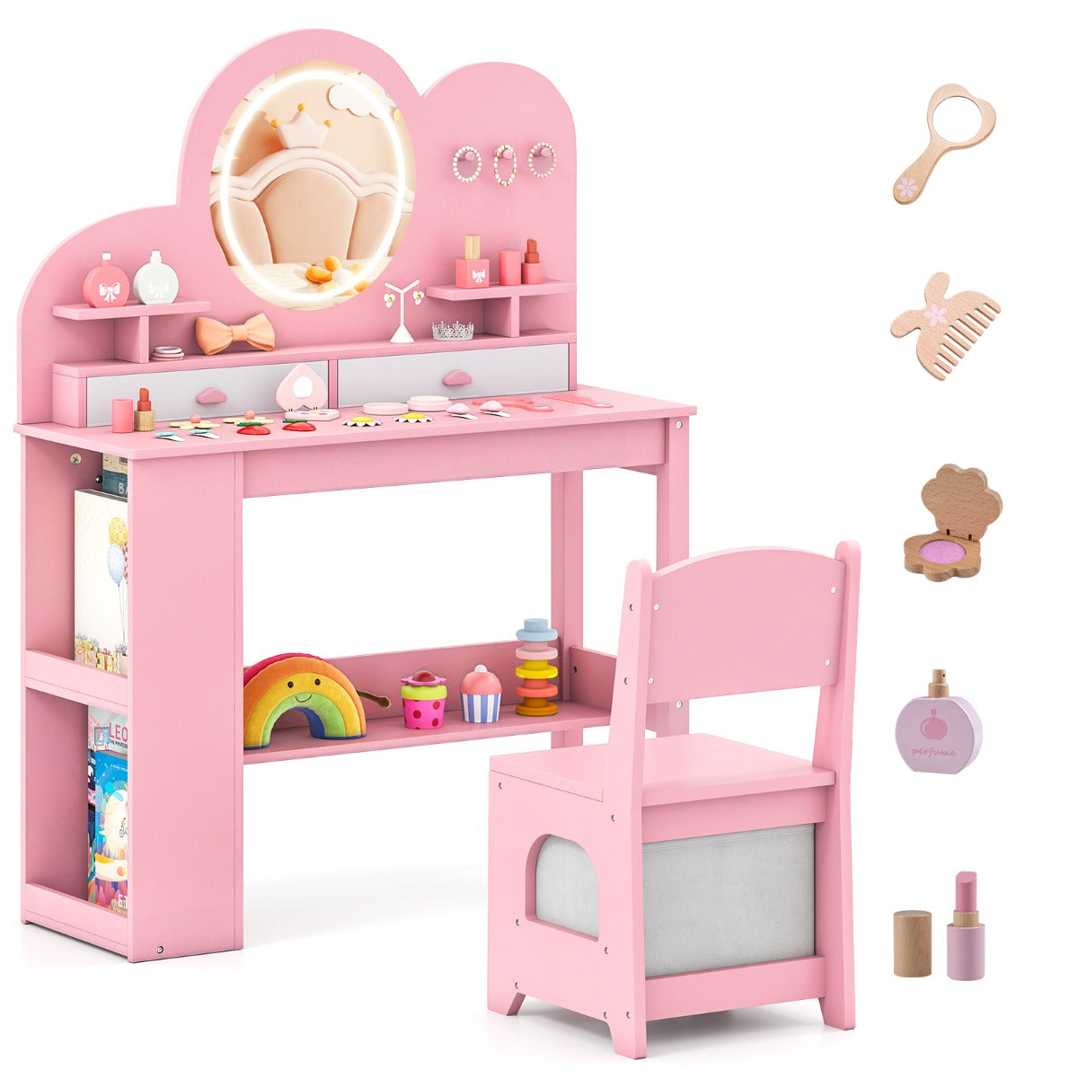 Set tavolo da trucco principessa e sedia con 2 cassetti e libreria a 2 ripiani-Toeletta per bambini con luci Rosa