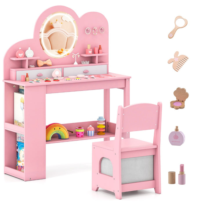 Set tavolo da trucco principessa e sedia con 2 cassetti e libreria a 2 ripiani-Toeletta per bambini con luci Rosa
