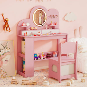 Set tavolo da trucco principessa e sedia con 2 cassetti e libreria a 2 ripiani-Toeletta per bambini con luci Rosa