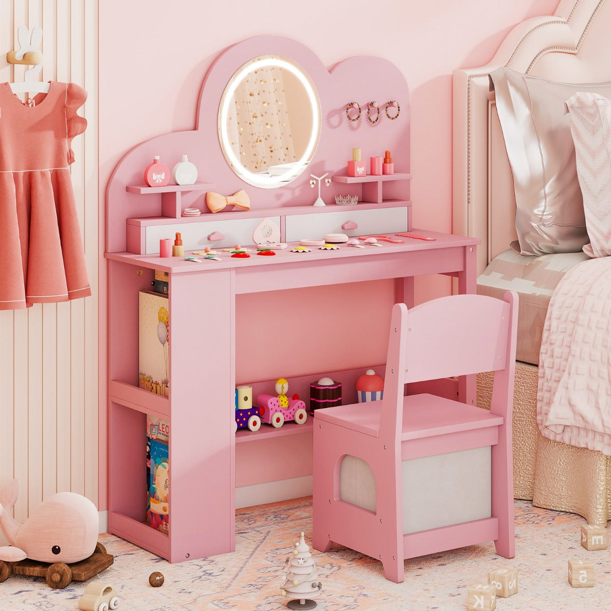 Set tavolo da trucco principessa e sedia con 2 cassetti e libreria a 2 ripiani-Toeletta per bambini con luci Rosa