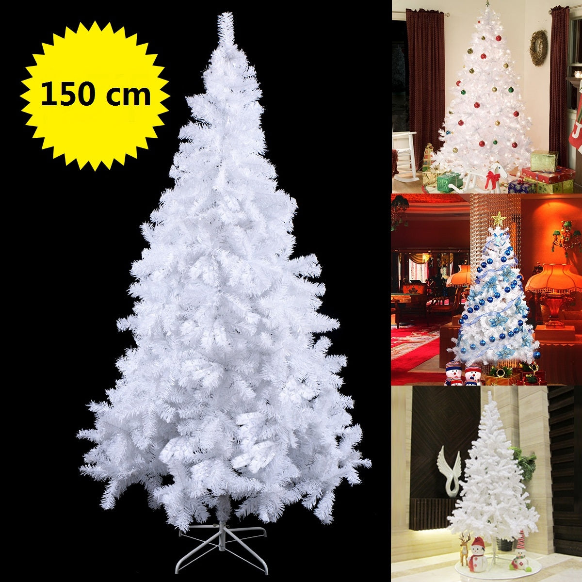 Albero di natale artificiale 150cm in PVC con 350 rami, supporto in metallo e piedi in gomma Bianco-Alberi di Natale