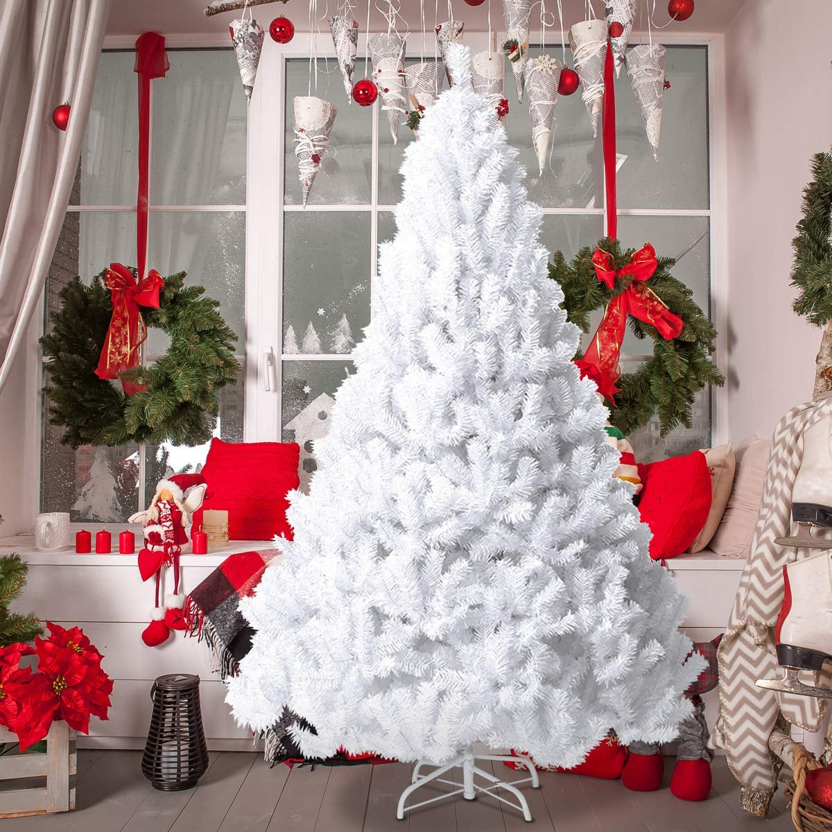 Albero di natale artificiale 180cm in PVC con 650 rami, supporto in metallo e piedi in gomma Bianco-Alberi di Natale