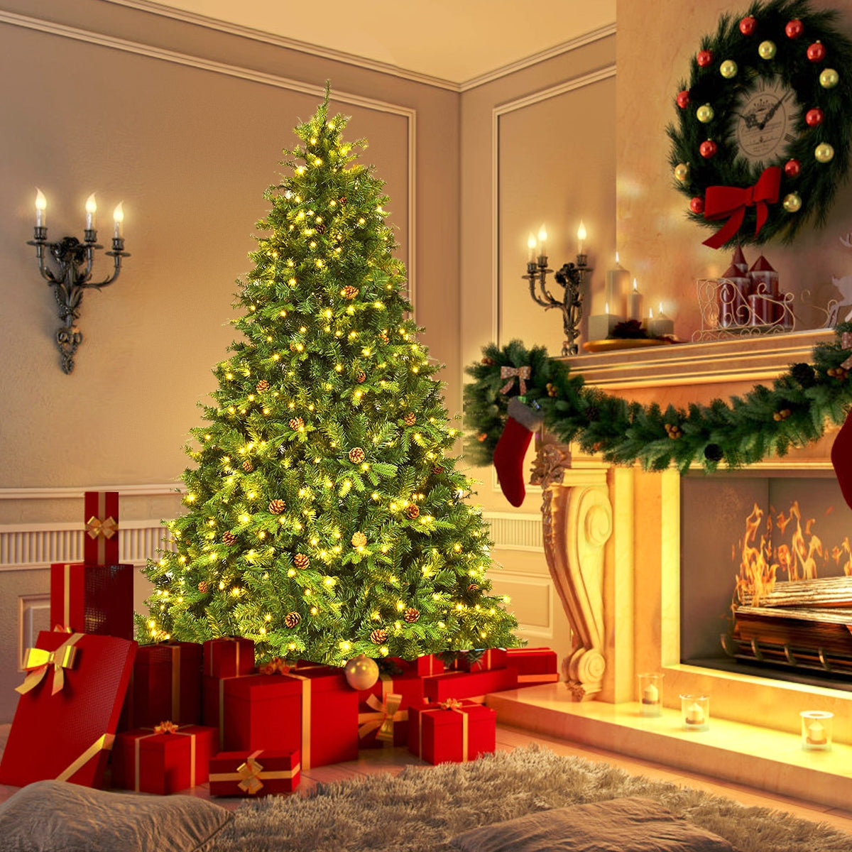 Albero di natale artificiale 225cm con 540 LED, 71 pigne, 1125 rami e un supporto in metallo-Alberi di Natale