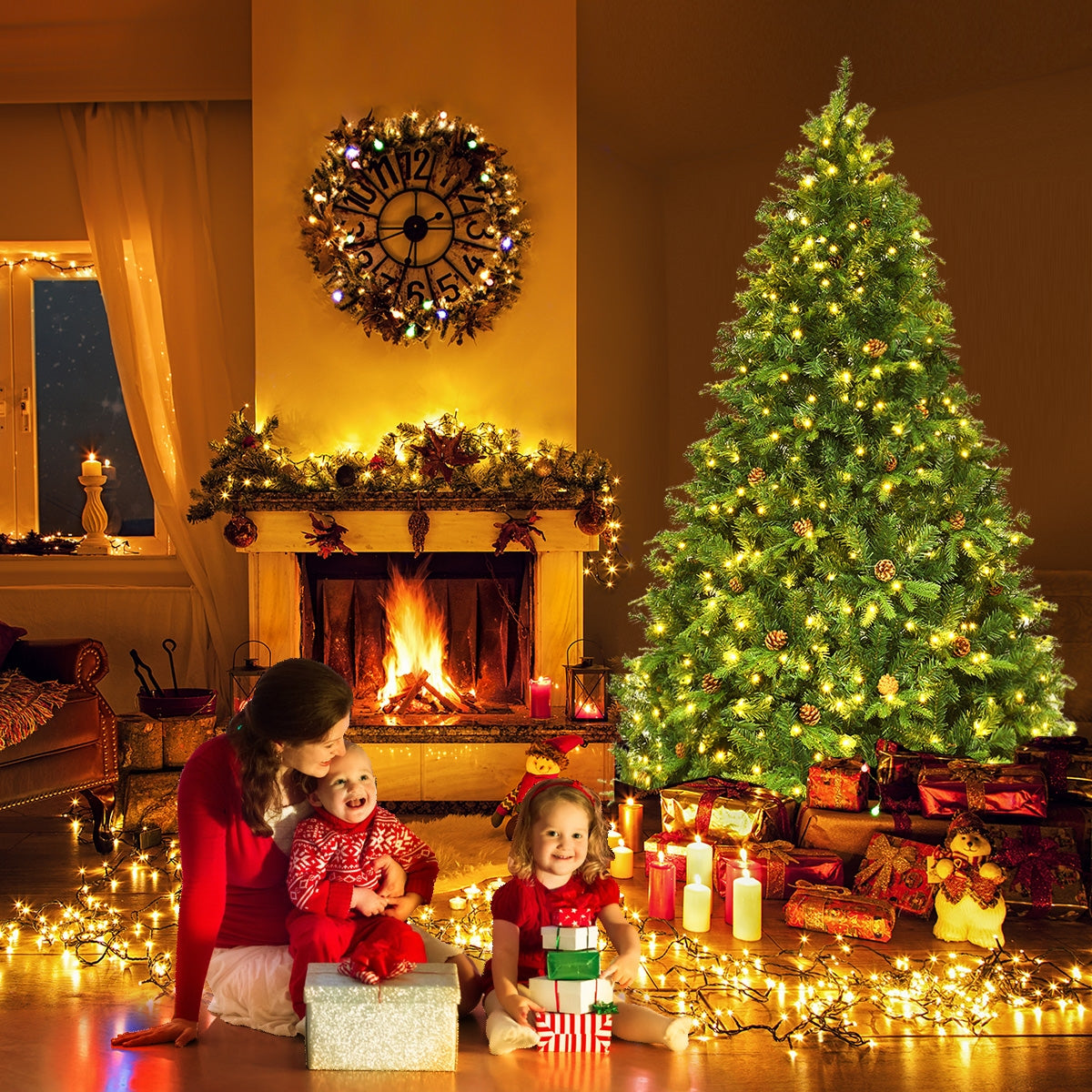 Albero di natale artificiale 225cm con 540 LED, 71 pigne, 1125 rami e un supporto in metallo-Alberi di Natale