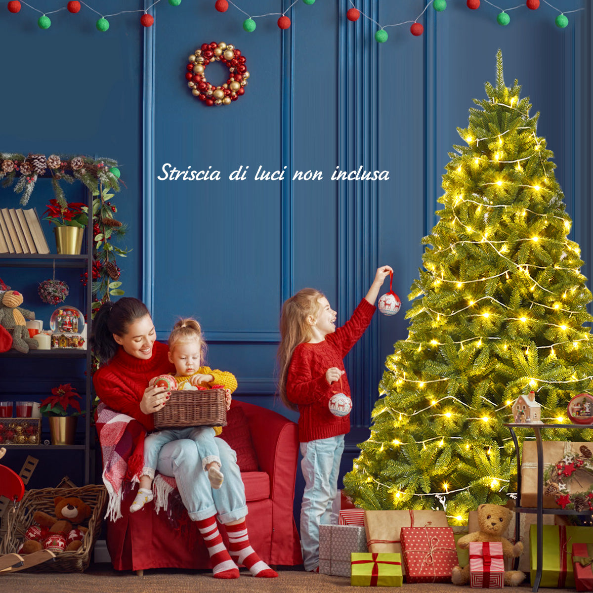 Albero di Natale 225 cm con 1968 rami in PVC, Abete artificiale con cerniere e solida base di metallo-Alberi di Natale