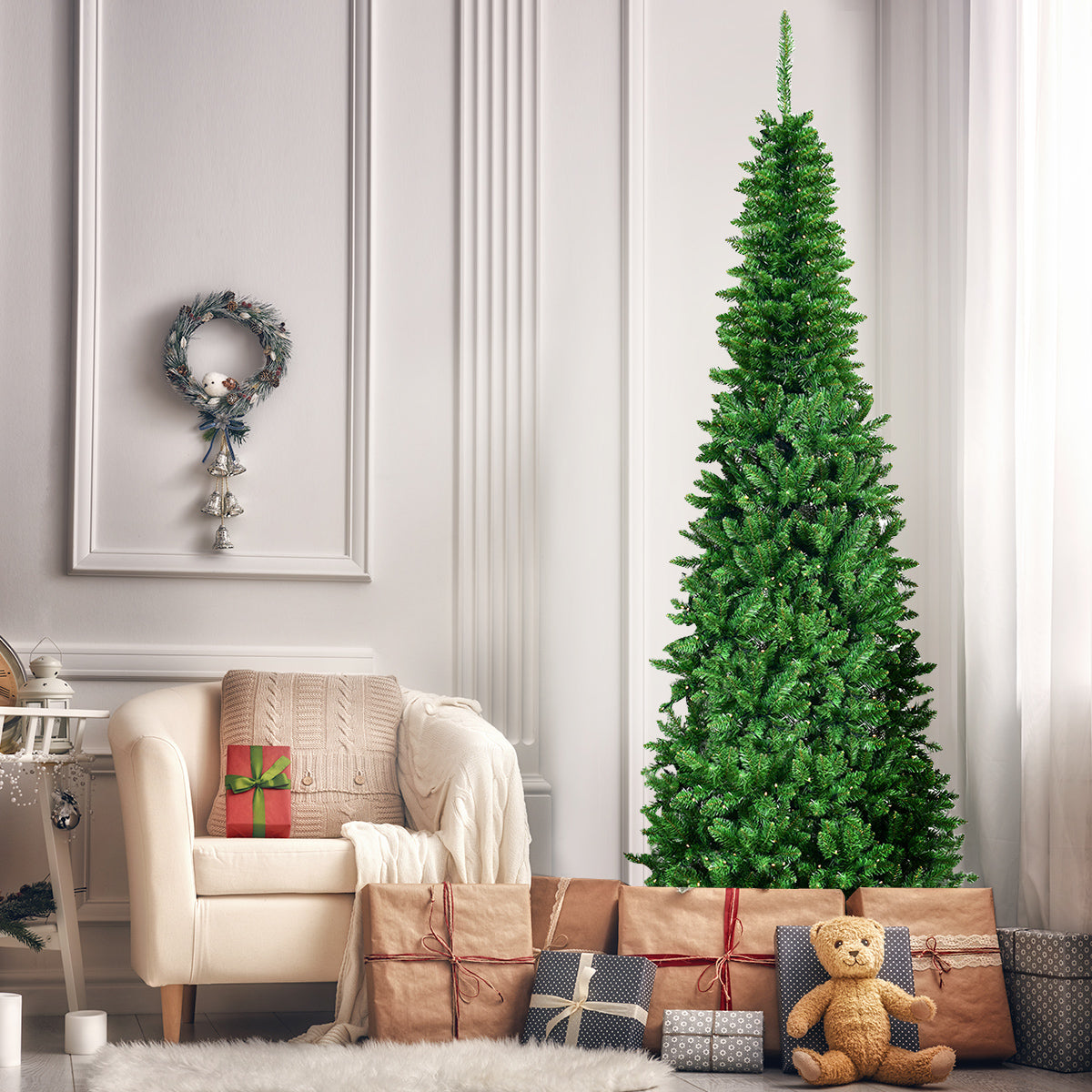 Albero di Natale 225cm con 1085 rami, Abete artificiale illuminato con base solida di metallo e 150 luci LED-Alberi di Natale