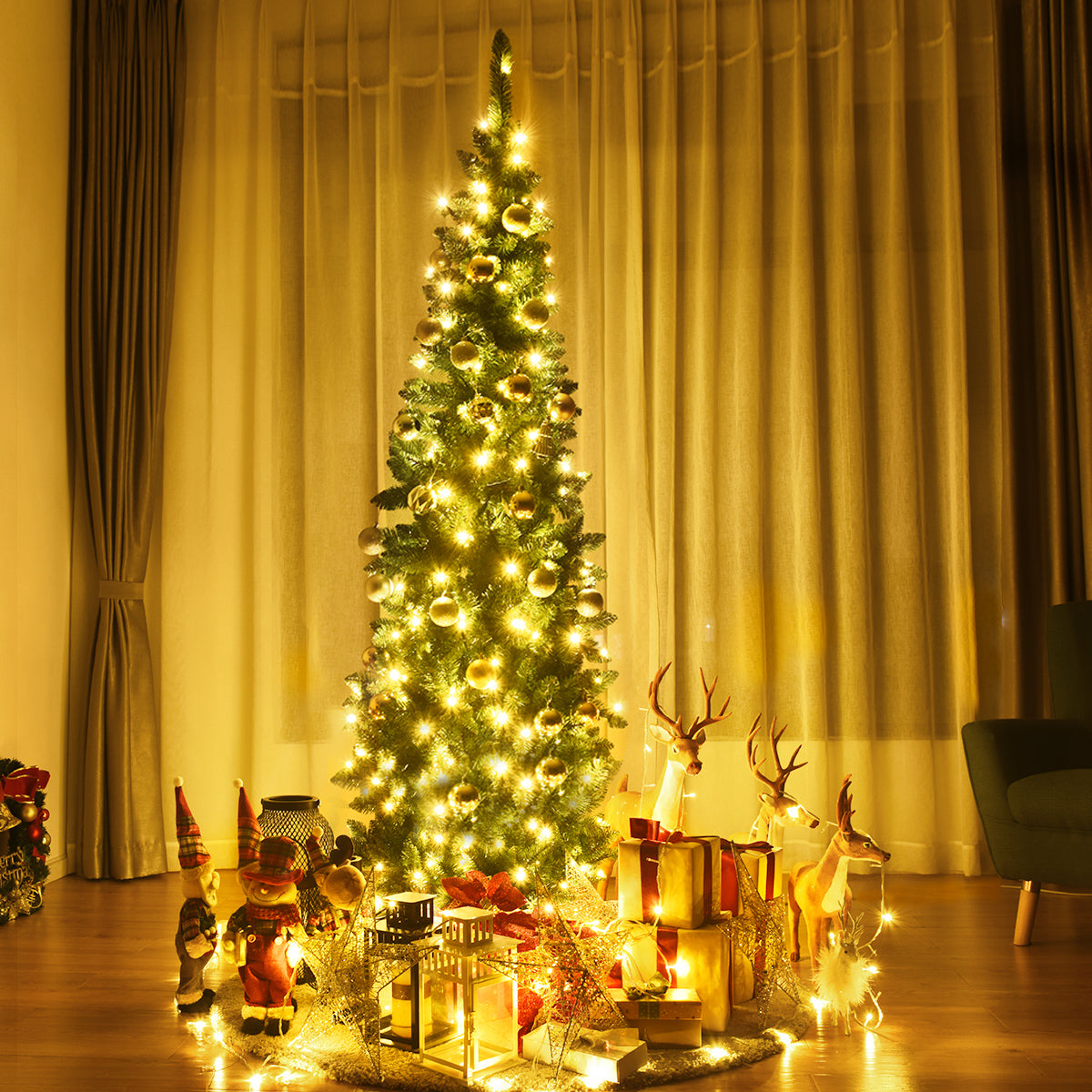 Albero di Natale 225cm con 1085 rami, Abete artificiale illuminato con base solida di metallo e 150 luci LED-Alberi di Natale