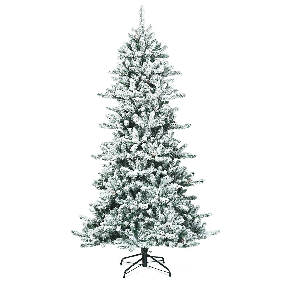 Albero di Natale artificiale innevato 210cm con pigne bianche, Albero di Natale con base in ferro resistente-Alberi di Natale
