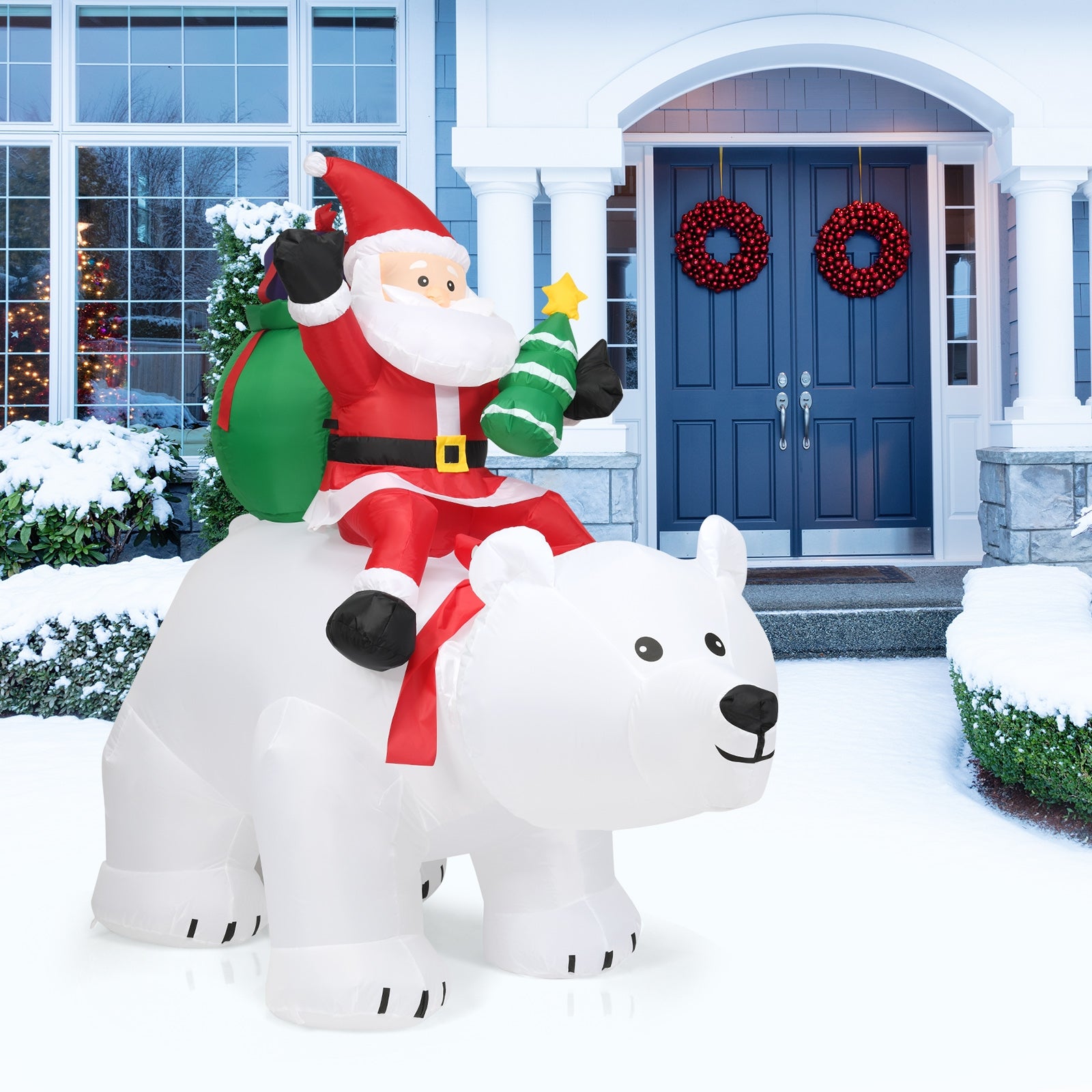 Babbo Natale su orso polare con testa girevole gonfiabile 200 cm, Decorazione natalizia con poliestere impermeabile e luci LED-Gonfiabili natalizi