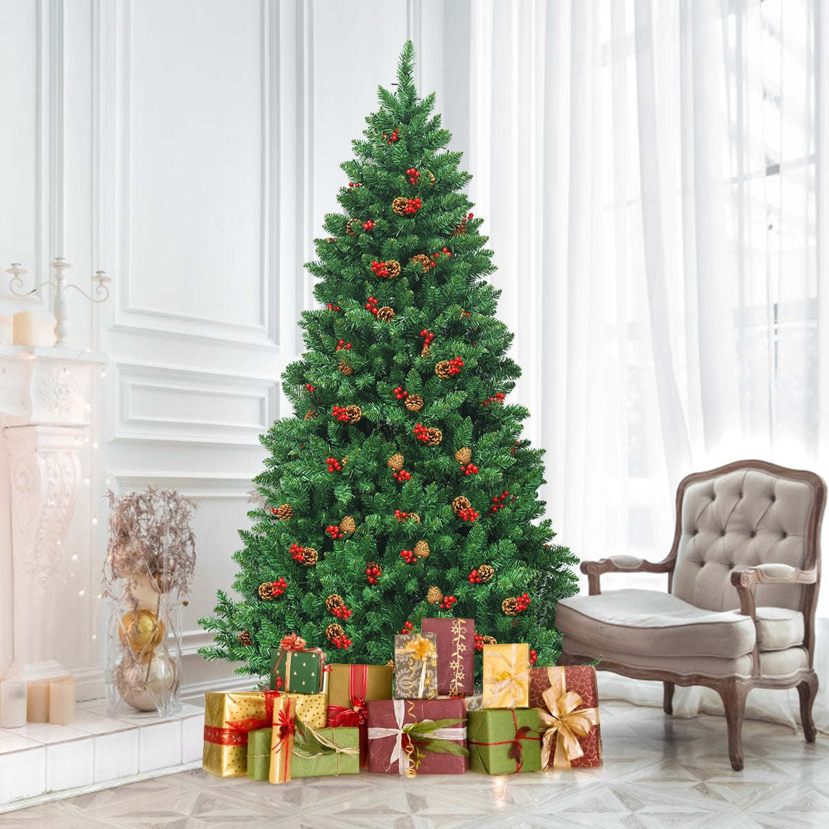 Albero di Natale 200 cm 1100 rami, Abete artificiale con base resistente di metallo-Alberi di Natale