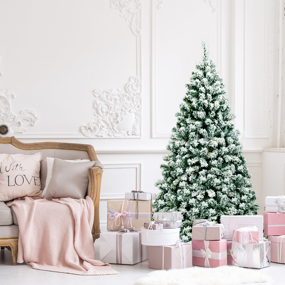 Albero di Natale artificiale 180cm con cerniera e 250 luci LED, Pino innevato illuminato con 928 rami e base-Alberi di Natale