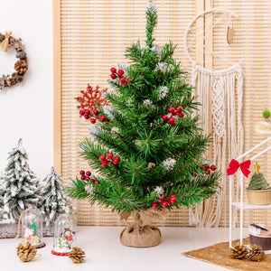 Albero di Natale 60cm per scrivania con 76 rami in PVC e base, Albero di Natale realistico con bacche rosse-Alberi di Natale