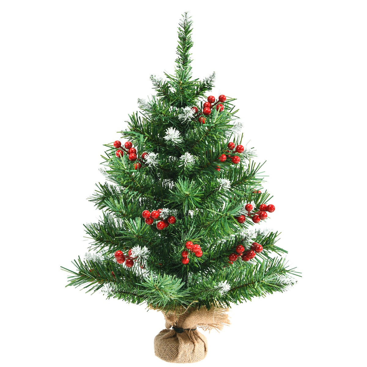 Albero di Natale 60cm per scrivania con 76 rami in PVC e base, Albero di Natale realistico con bacche rosse-Alberi di Natale