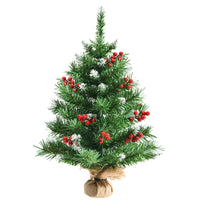 Albero di Natale 60cm per scrivania con 76 rami in PVC e base, Albero di Natale realistico con bacche rosse-Alberi di Natale