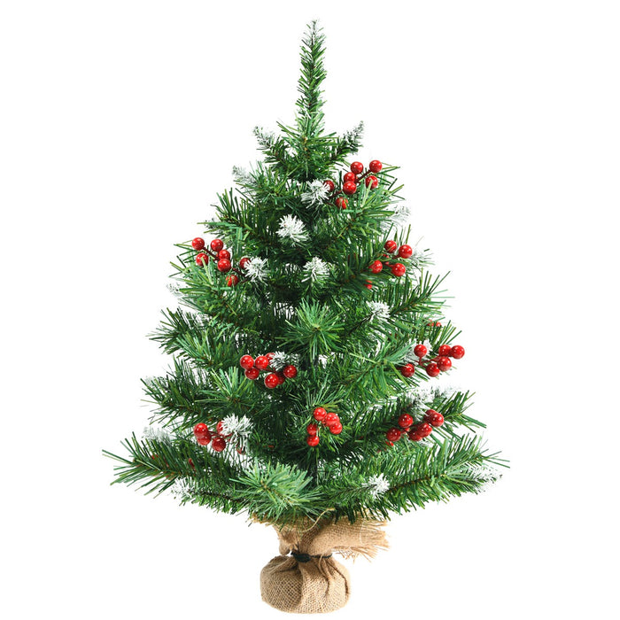Albero di Natale 60cm per scrivania con 76 rami in PVC e base, Albero di Natale realistico con bacche rosse-Alberi di Natale