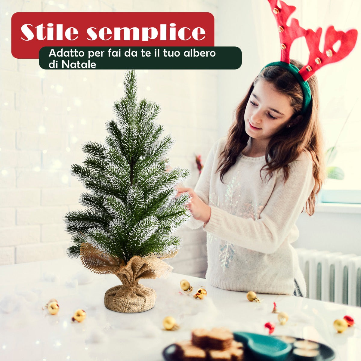 Mini albero di Natale artificiale 50 cm in nuovo PE per scrivania, Albero di Natale con base di cemento-Alberi di Natale