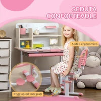 Set Scrivania e Sedia per Bambini da 3 Anni Regolabile, Tavolo Inclinabile a 60° con Cassetto e Ripiani, Rosa