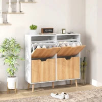 Scarpiera Stretta con 4 Cassetti Pieghevoli e Ripiani Regolabili per 16 Paia 95x26x95 cm Naturale e Bianco